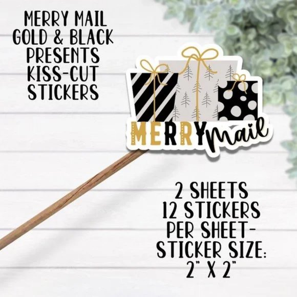 Merry Mail Gold and Black Cute Present Christmas Sticker Sheets- 2 Sheets - Picture 3 of 4